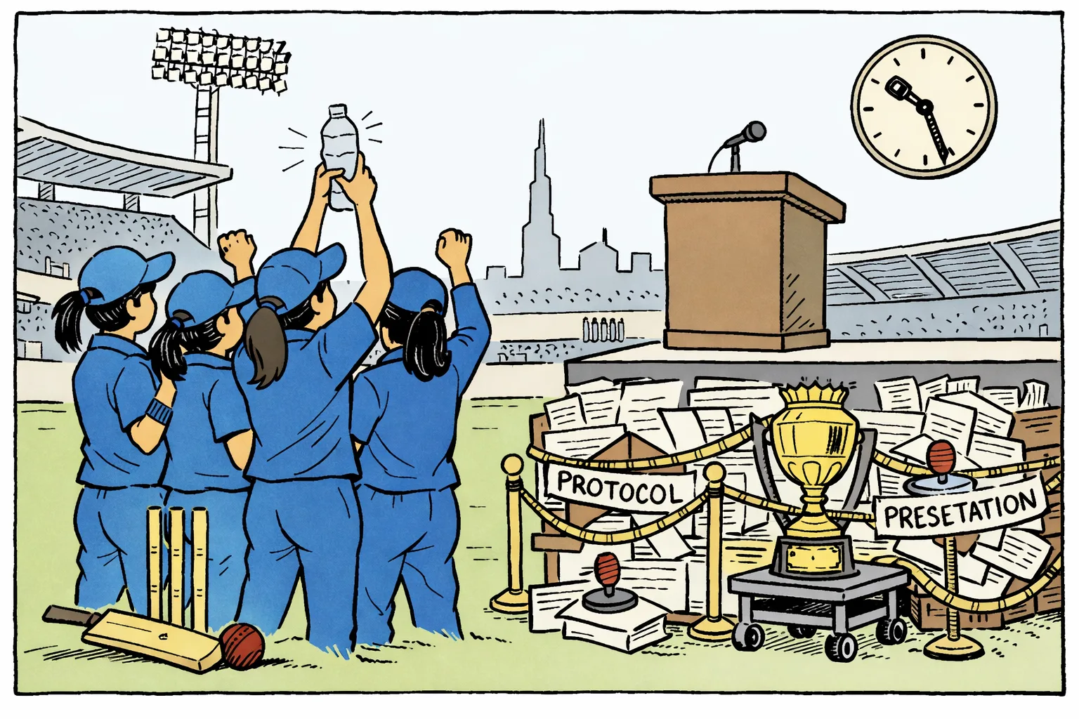 Anonymous women cricketers in blue celebrate by lifting a water bottle while an Asia Cup trophy sits trapped behind forms and presentation barriers beside an empty stadium podium.