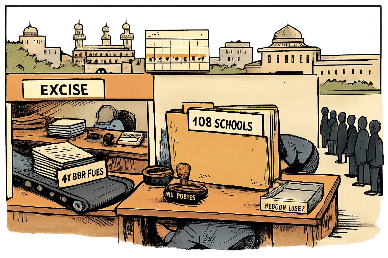 A cartoon government office shows stamped bar-licence forms moving through one counter while a huge empty file marked 105 schools sits beside a no-order stamp and an empty tray.
