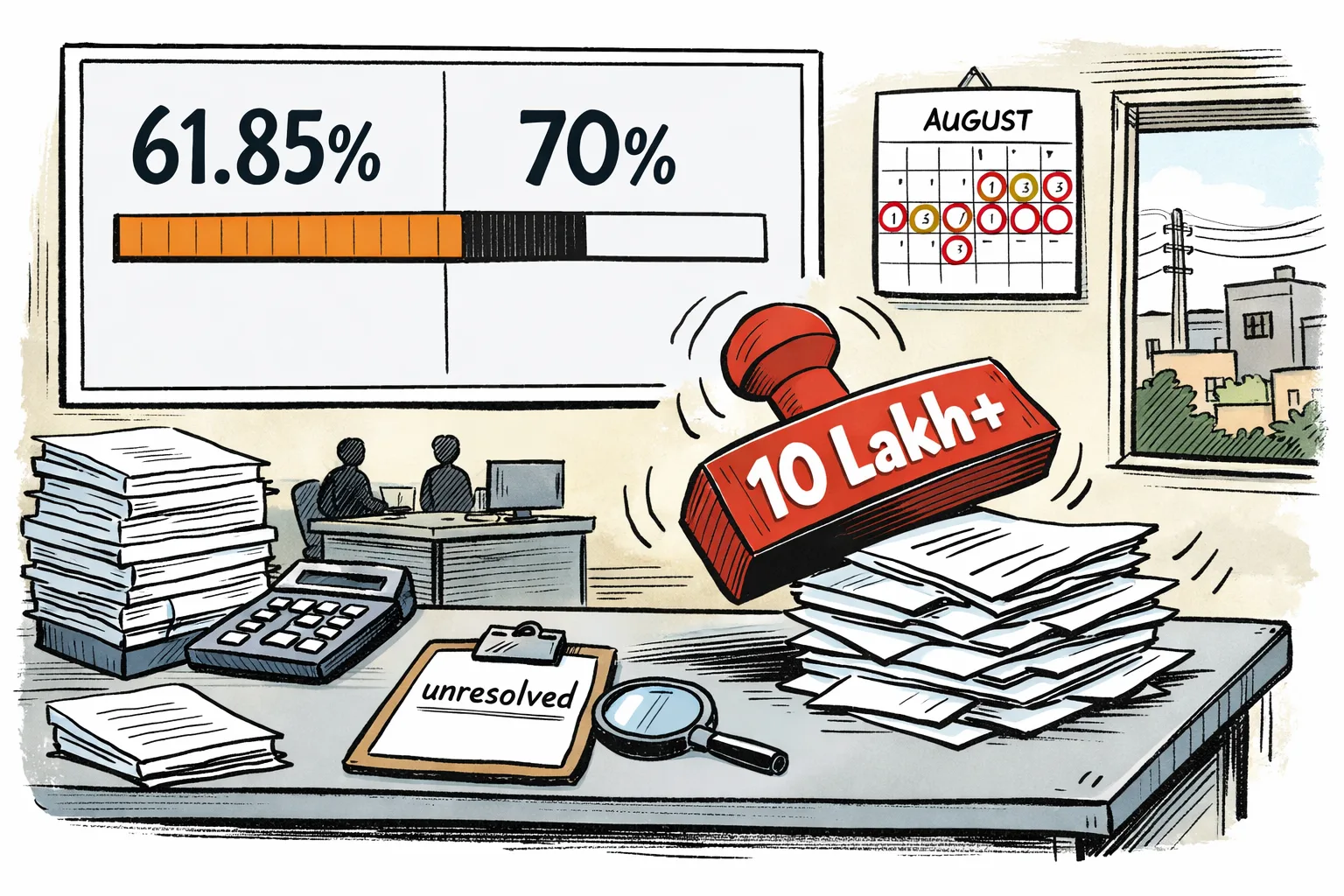 A giant election-roll calculator in a Medchal–Malkajgiri office shows 29,79,130 electors, while a smaller board shows 61.85% digitised and another projects 70%; loose forms pile up beside a red question mark and an unfinished progress bar.
