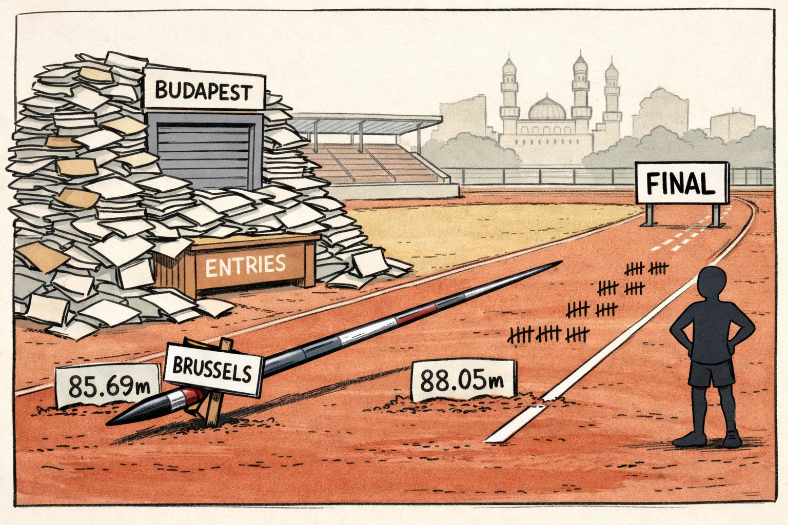 On a Telangana athletics track, an oversized javelin points through a Brussels final sign while a paperwork-covered desk and locked Budapest sign block a second route.