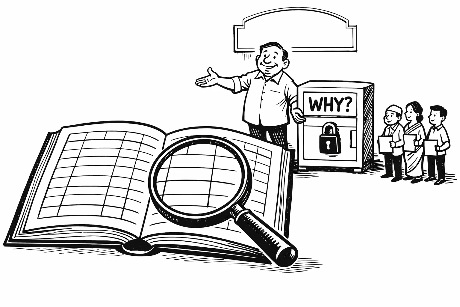 An oversized searchable electoral-roll book is opened under a magnifying glass while an official figure gestures toward it and keeps a smaller cabinet labelled “WHY?” locked behind them.