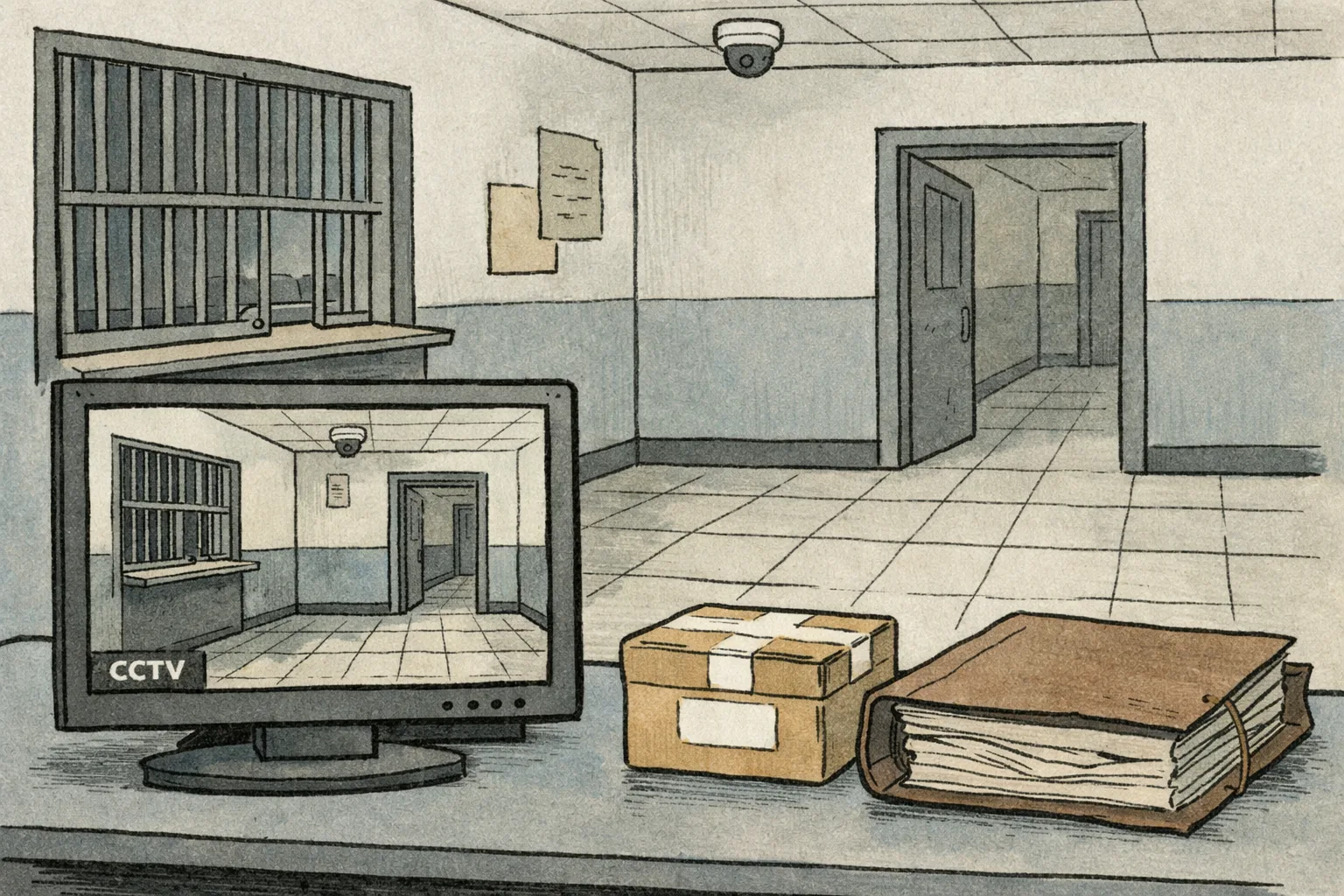A locked CCTV monitor showing an empty corridor outside Malakpet Police Station, with a court file and a sealed evidence box on a desk in the foreground.