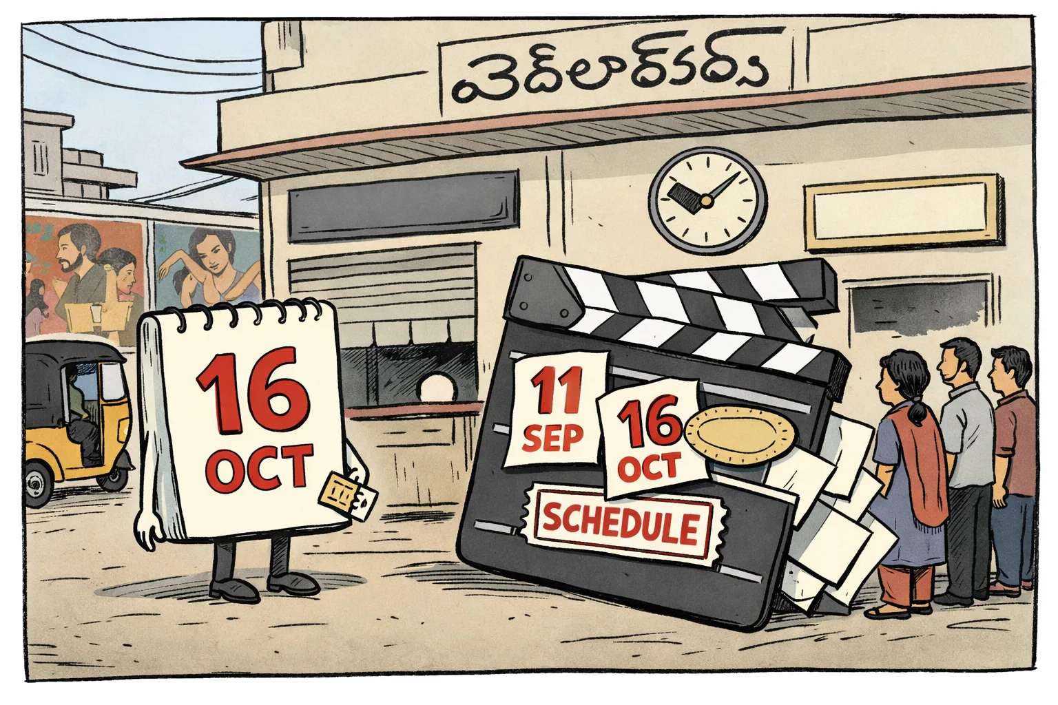 A giant calendar page marked 16 OCT waits outside a Hyderabad cinema beside a production clipboard with earlier and later date cards, while a few generic filmgoers look on.