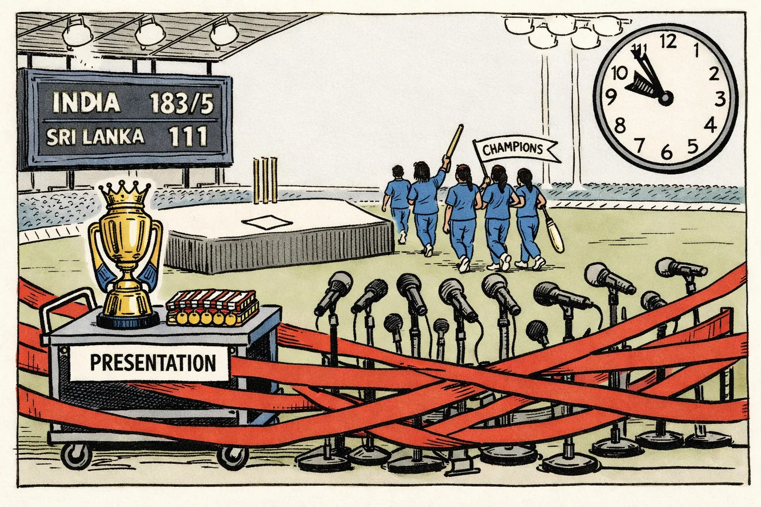 A cricket trophy and medals wait on a trolley behind red tape at an empty presentation podium, while an unidentifiable team walks away beneath a scoreboard showing India 183 for 5 and Sri Lanka 111.