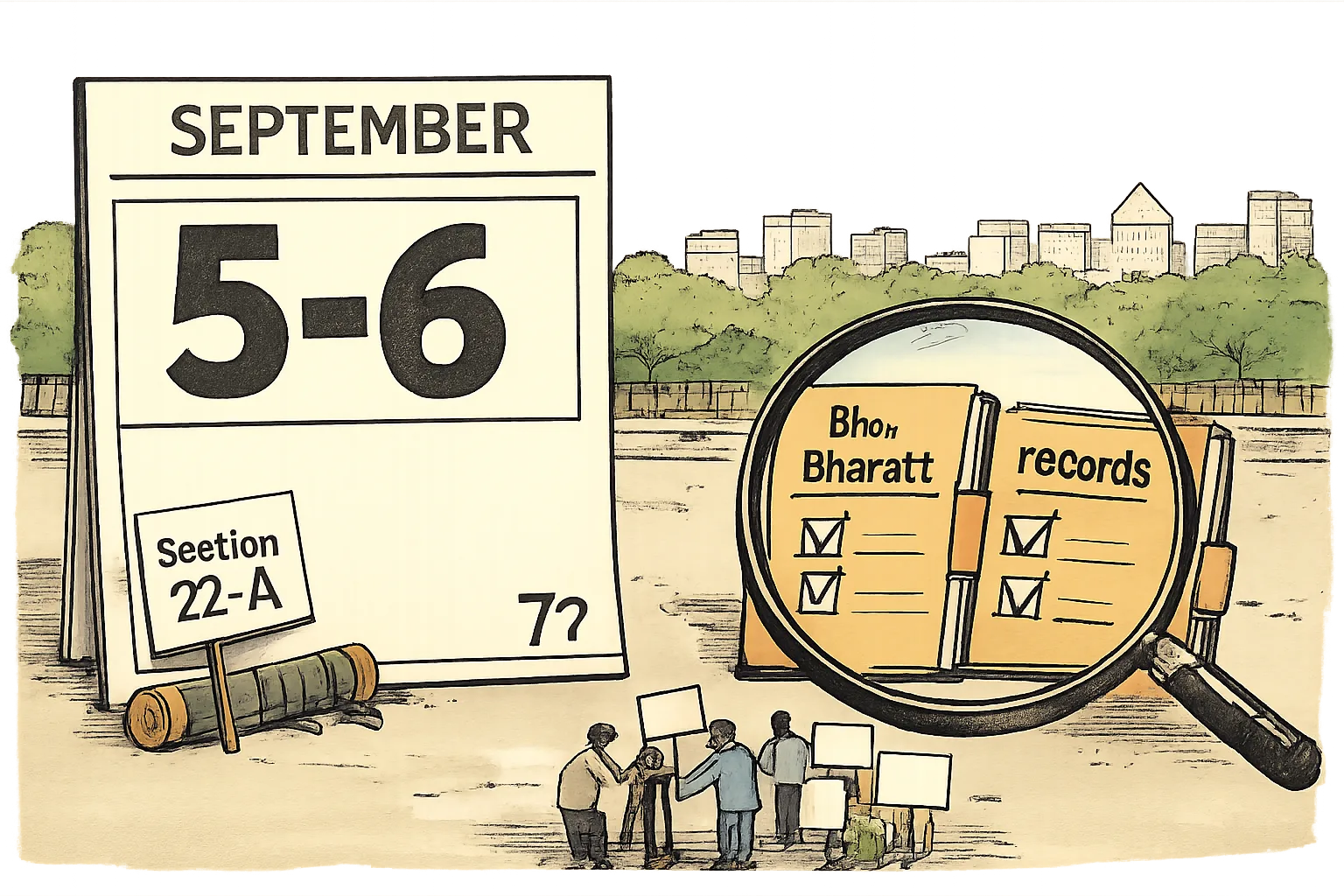 A giant September calendar at Hyderabad’s Indira Park shows September 5–6 prominently while September 7 appears as a tiny footnote, beside official files and a magnifying glass.