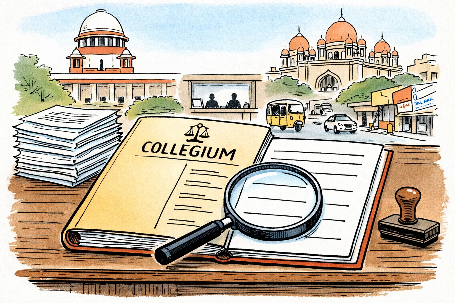 A large Supreme Court file marked with a simple court seal sits open on a desk, showing several appointment-name lines but blank spaces where reasons would be; a magnifying glass rests beside it, while a Telangana High Court building and Hyderabad street recede in the background.