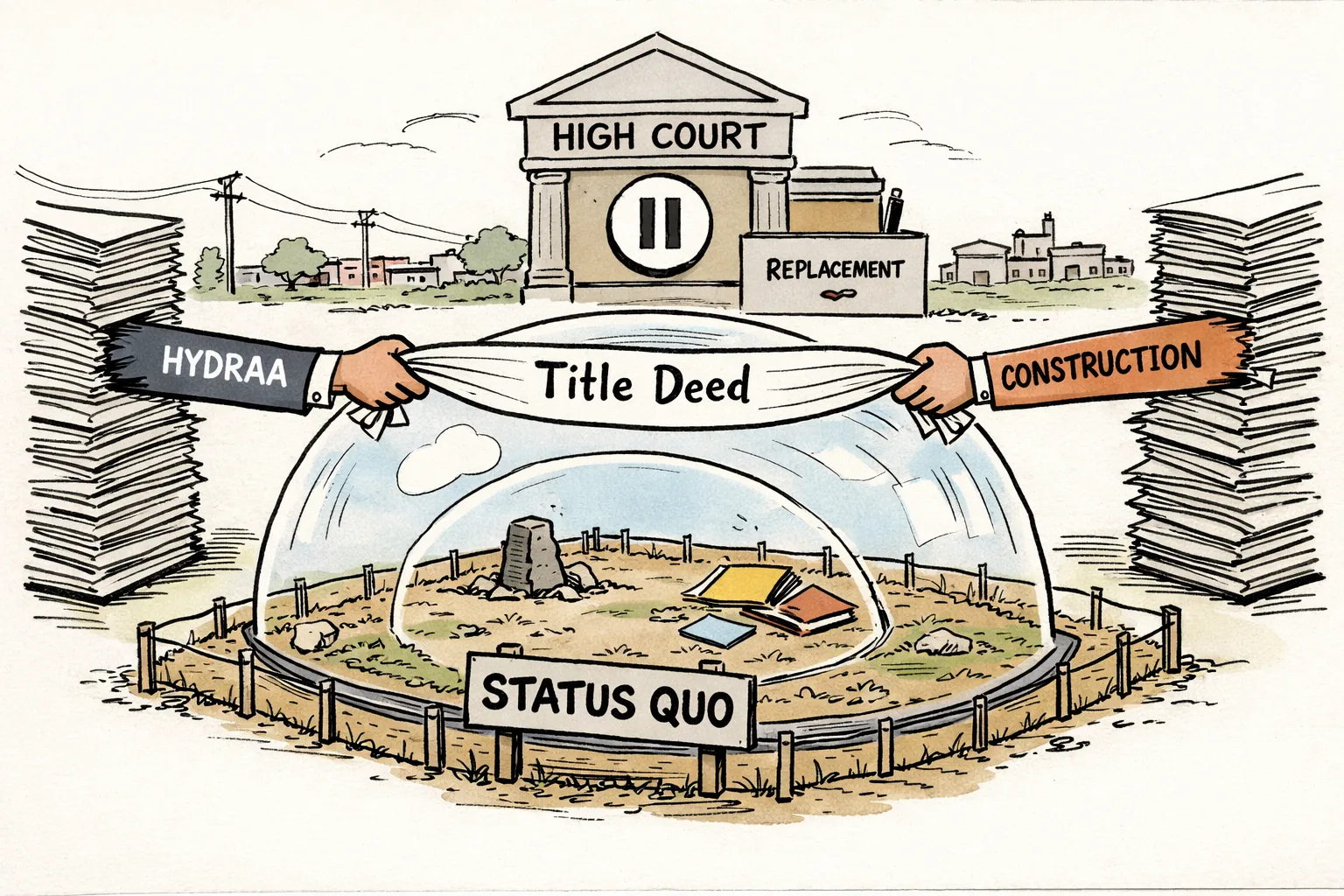 A glass dome marked “STATUS QUO” covers a disputed patch of Lothkunta land while anonymous institutional arms pull on a title deed from opposite sides; a courthouse-shaped filing cabinet holds a pause button over a replacement file.