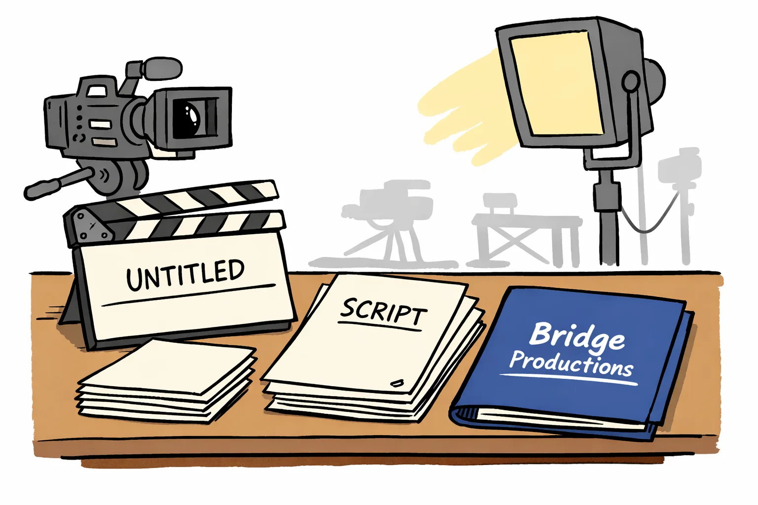 A blank clapperboard, script and production folders sit on a Hyderabad film-production desk beside a camera and studio lights.