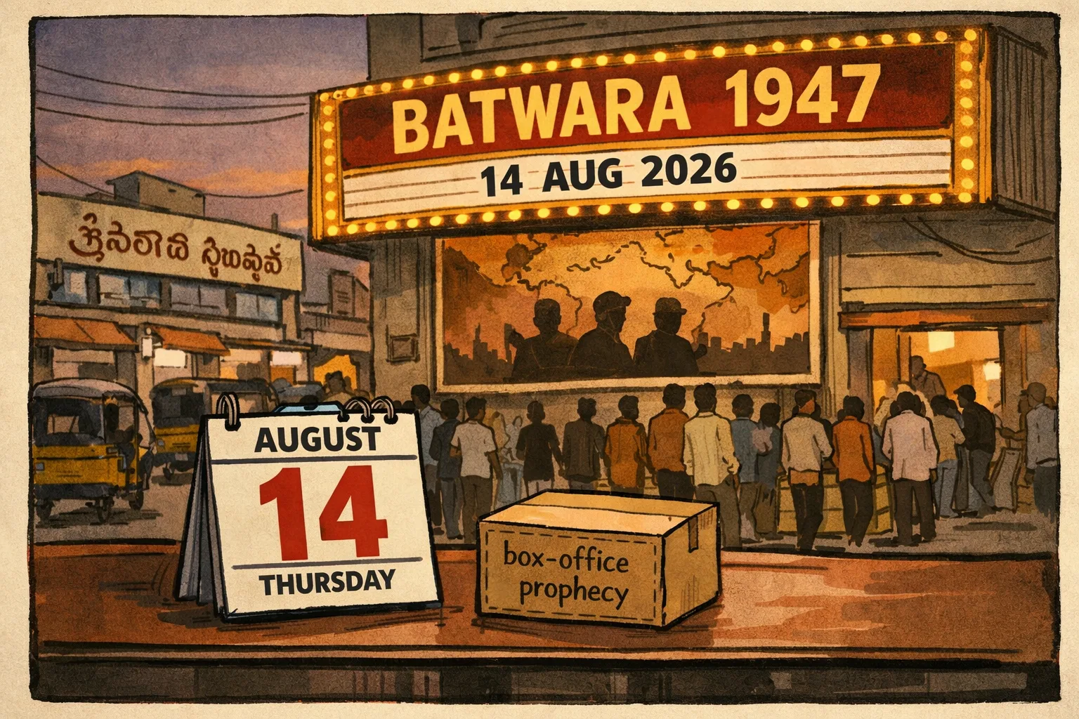 A cinema marquee announcing a Hindi film release stands outside a Hyderabad theatre, beside a calendar page marked August 14, 2026 and a small untouched box labelled ‘box-office prophecy’.