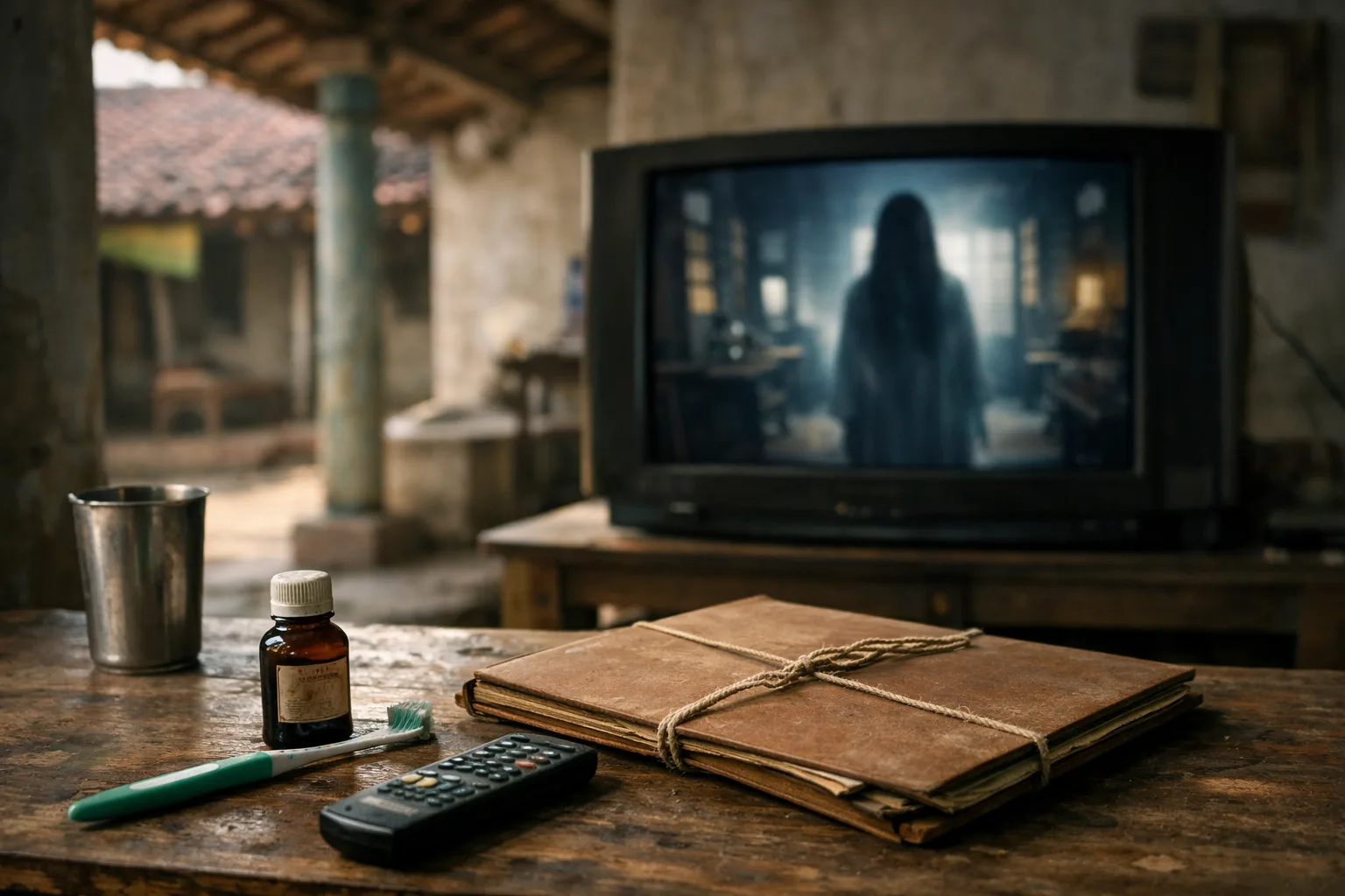 A toothbrush and court file sit on a table in a Telangana village home while a television in the background shows an indistinct ghostly silhouette.