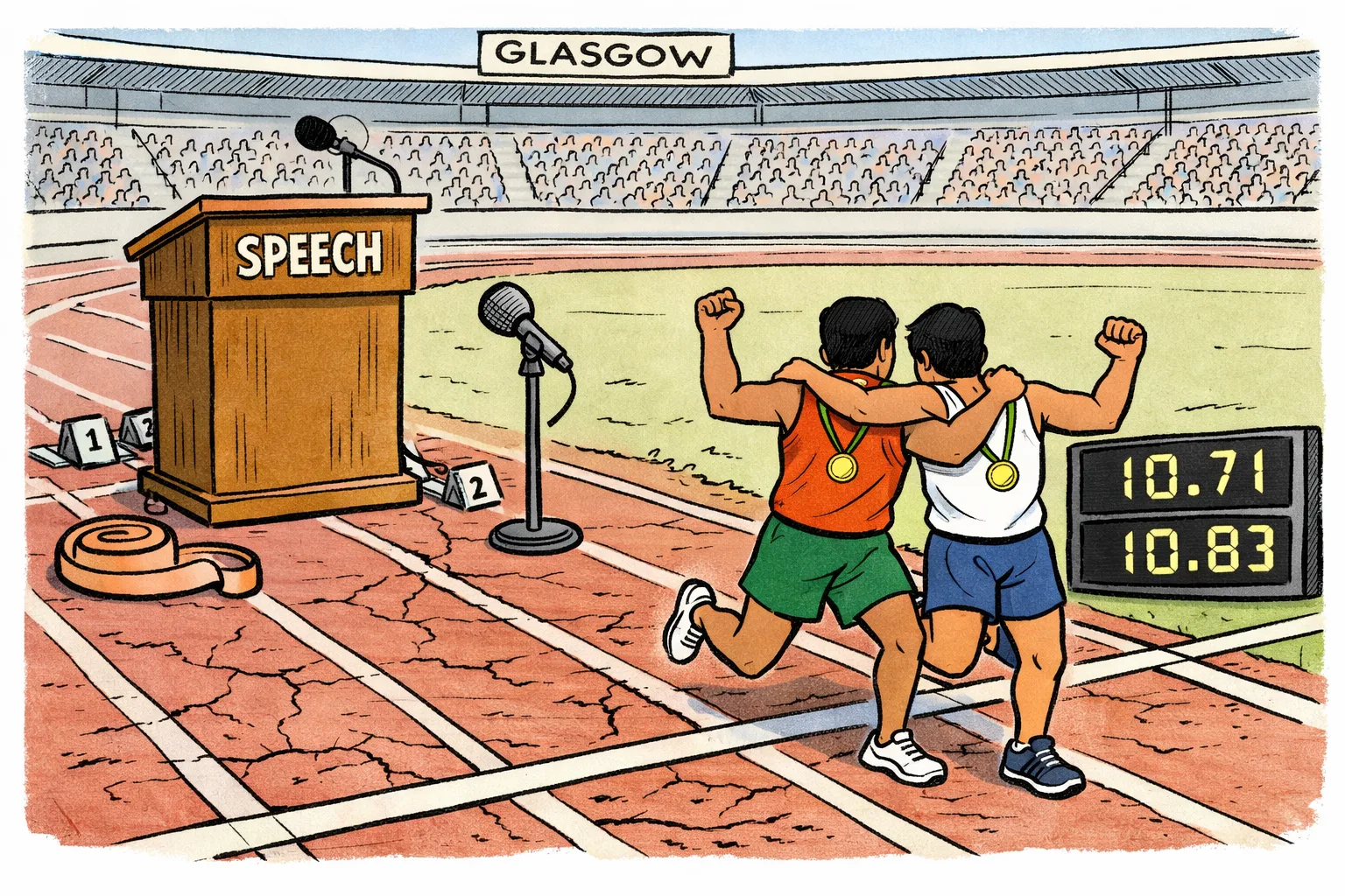 Two anonymous Indian sprinters cross a finish line on a worn track, while a large empty speech podium stands behind them beneath a Games Record scoreboard.