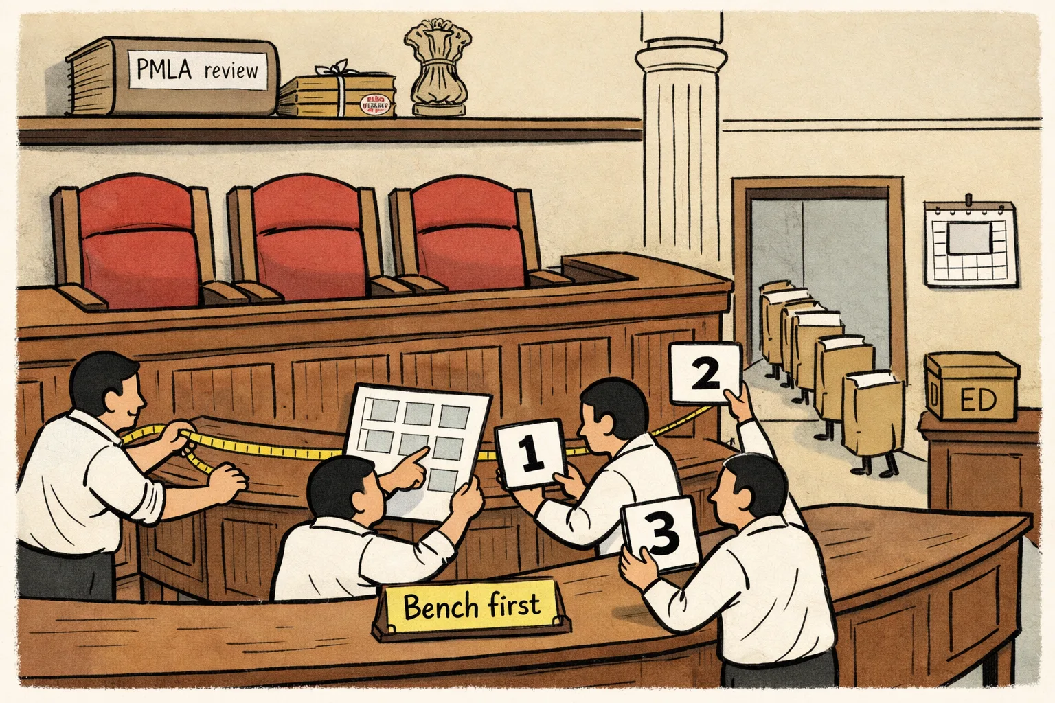 Anonymous court officials rearrange an oversized courtroom bench while a sealed PMLA review file sits untouched on a shelf and ED files wait in a corridor.