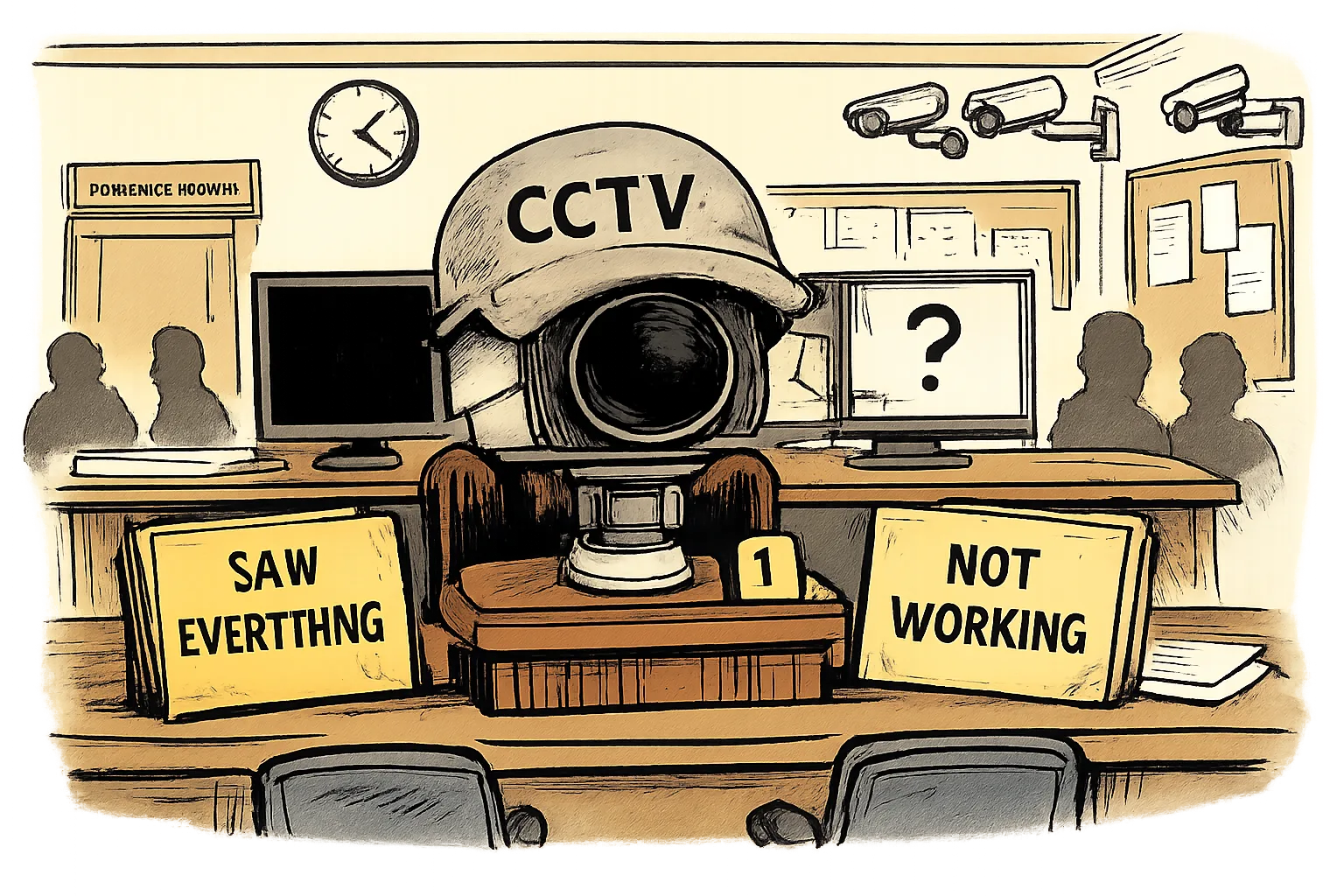 A cartoon inside a Hyderabad police station shows a CCTV camera on a witness stand beside two files labelled “SAW EVERYTHING” and “NOT WORKING”, while several monitors display conflicting images.