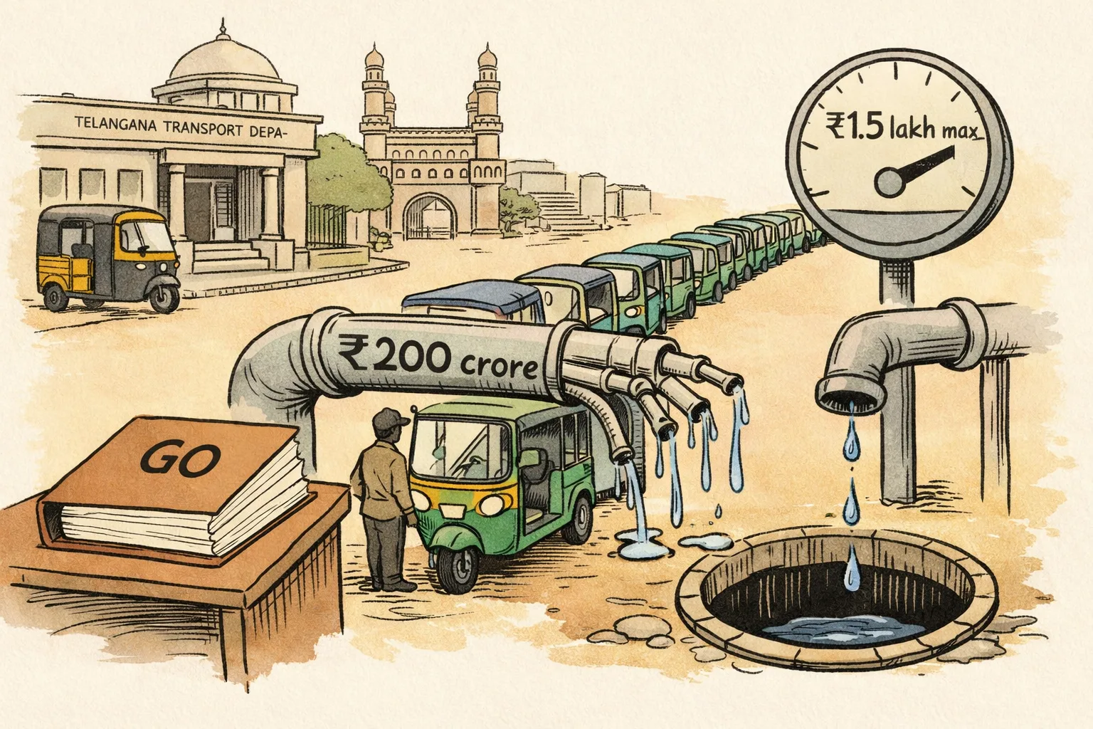 A line of electric autorickshaws in Hyderabad waits beneath a government pipe marked ₹200 crore; the pipe falls short while a separate ₹81 crore gap leaks beside an unopened file marked GO.