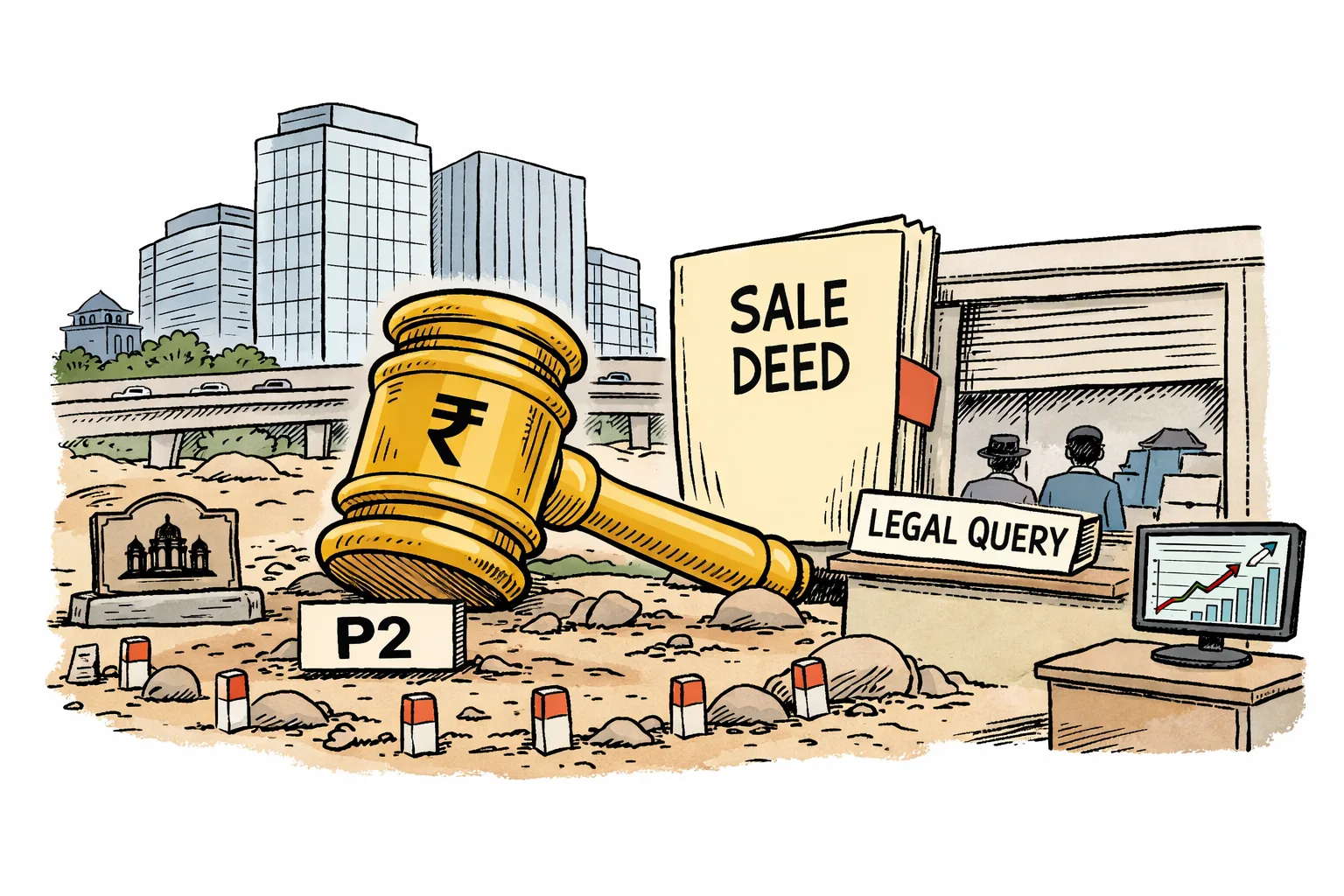 A giant rupee-marked auction hammer rests on a Raidurg plot while a large sale deed file is stuck at a government paperwork window beside a legal-query file.