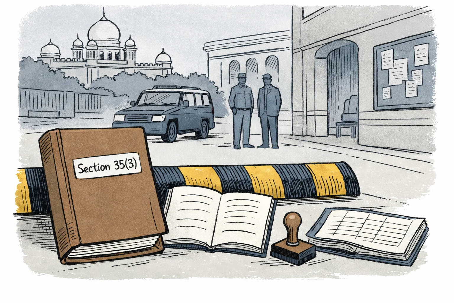 A police case file marked Section 35(3) is stopped at a speed breaker in a courthouse corridor, beside an open court order and unused stamp, with a police vehicle waiting in the background.