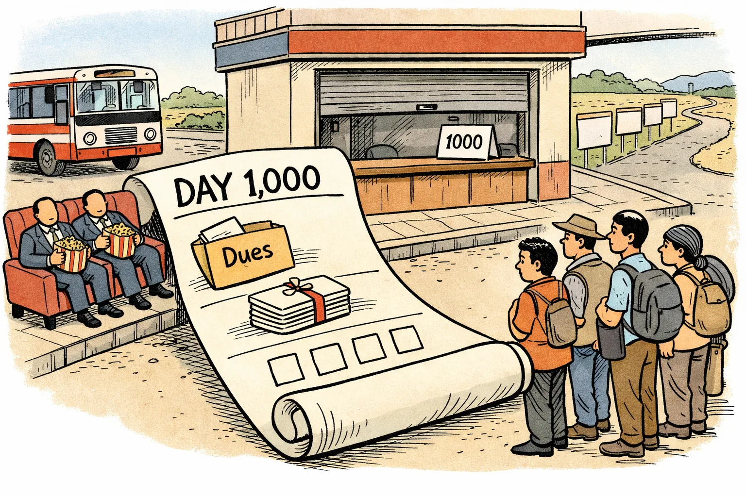 A giant invoice marked “DAY 1,000” lies outside a closed Telangana government office, with unpaid files spilling from it while three anonymous spectators eat popcorn nearby.