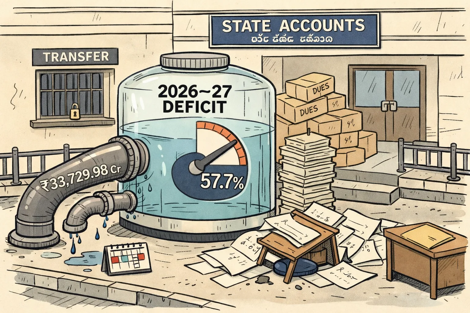 A cartoon outside a Telangana government accounts office shows a deficit tank already at 57.7% beside a four-month calendar, with borrowing pipes feeding it, expenditure bills piling up, and unopened dues parcels near a transfer window.