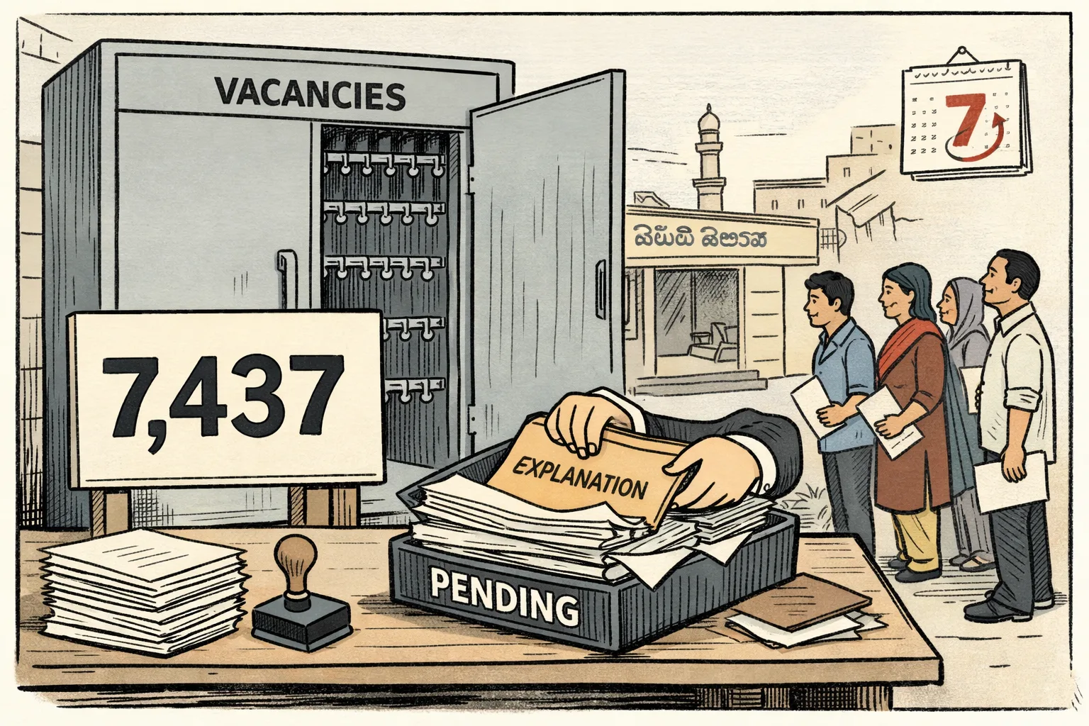 An official board marked 7,437 stands before a huge partly open cupboard labelled vacancies, while applicants wait with forms and an explanation file sits in a pending tray.