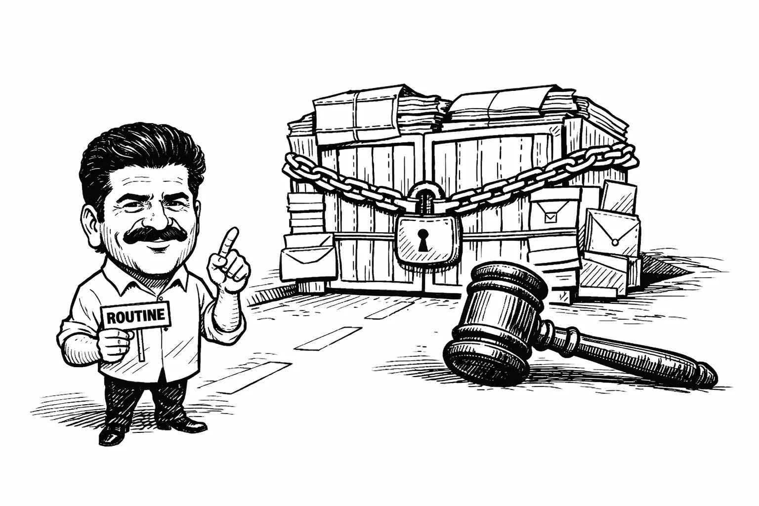 Chief Minister A. Revanth Reddy gestures beside a tiny sign marked “ROUTINE” while a giant locked gate made of tender files and a courtroom gavel block an unfinished radial road.