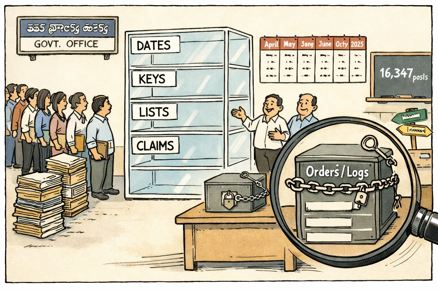 A government office cartoon shows an empty transparent filing cabinet labelled with dates, keys, lists and claims beside a locked box for orders and logs, while teacher candidates wait near stacked folders.