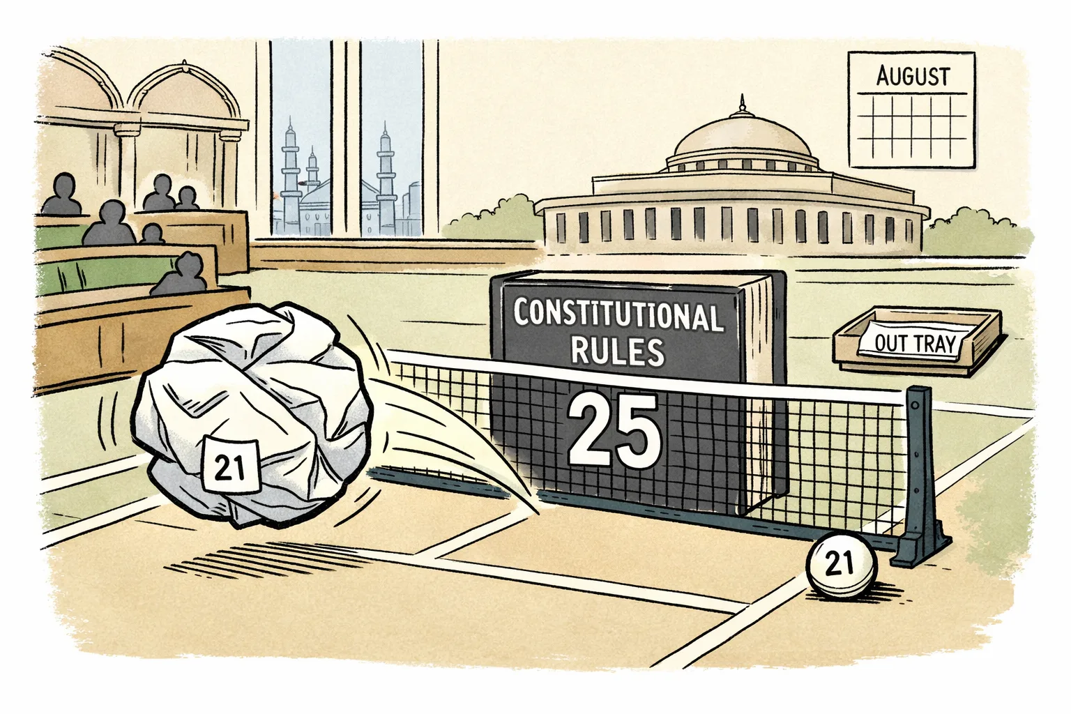 A Telangana Assembly–Council resolution shaped like a paper ball sits on one side of a court, while a large constitutional rulebook marked “25” and a silent Parliament building occupy the other side; a small ball labelled “21” rests untouched between them.