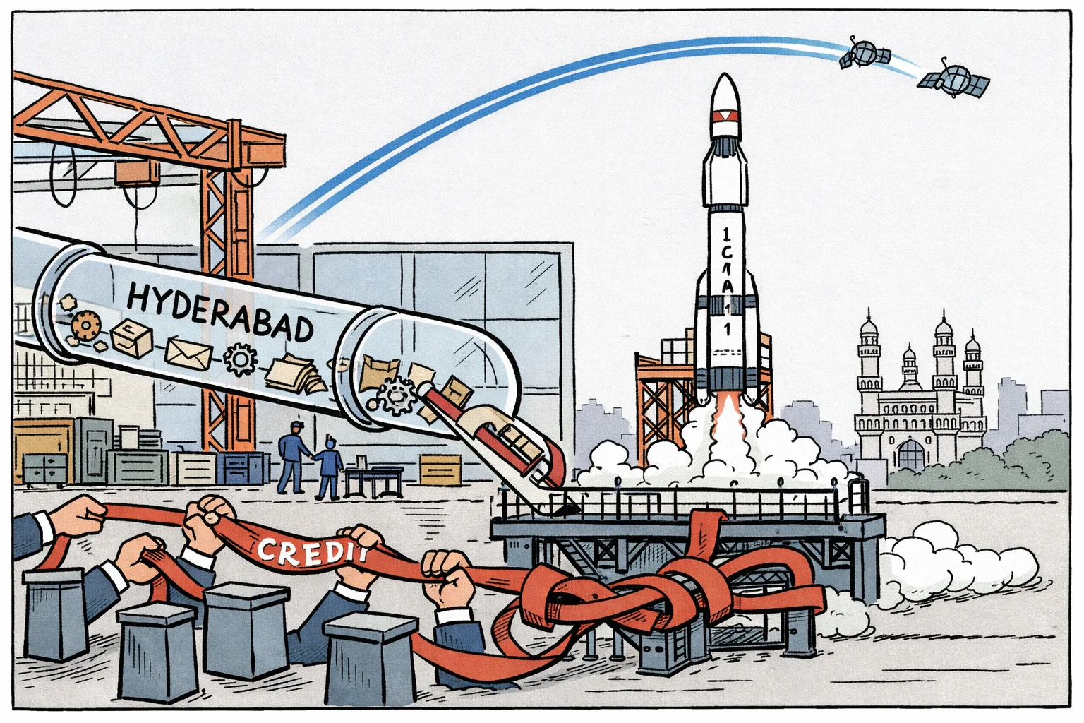 A Hyderabad workshop feeds a four-stage rocket along a pipe marked with telemetry toward orbit, while officials at a distant podium reach for a falling credit ribbon.