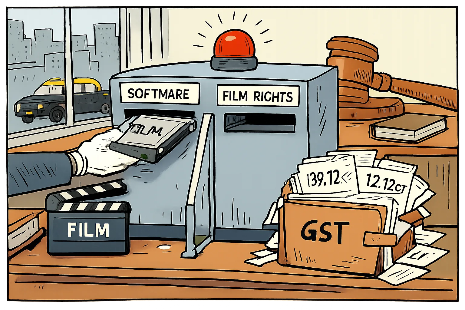 An ink-and-colour cartoon shows a film hard drive and clapperboard beside a jammed tax-classification machine, with a bureaucratic hand trying to place the drive in a software slot and mismatched GST files spilling across a Mumbai office desk.