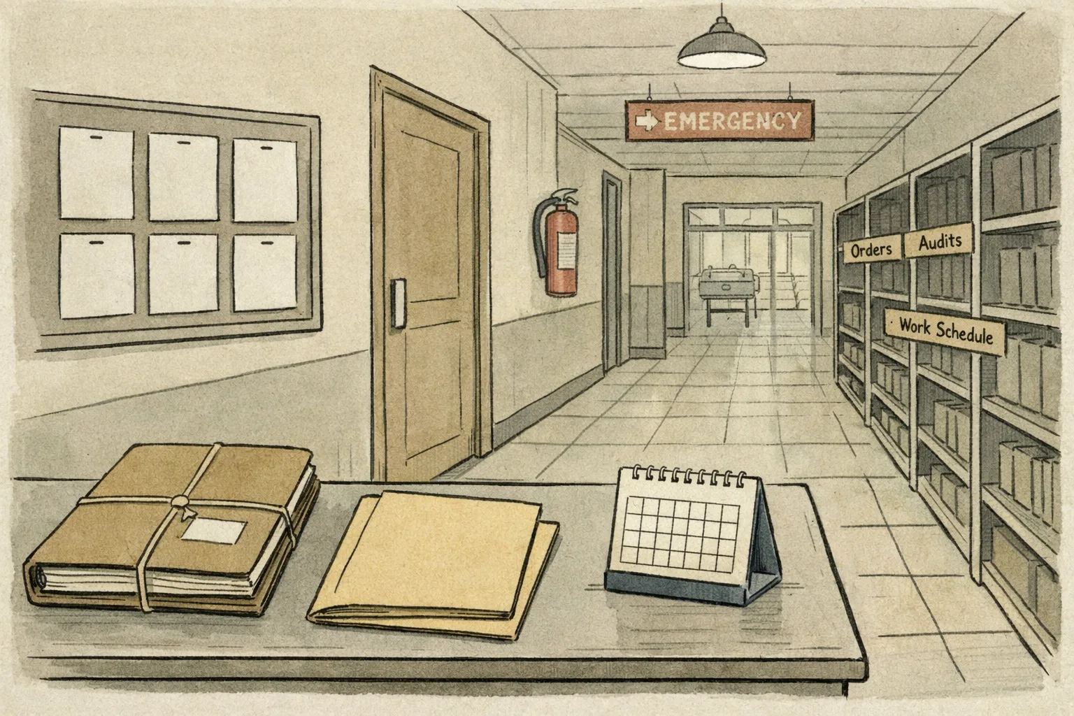 A quiet government hospital corridor with a sealed file, empty document slots and filing shelves beside a fire extinguisher.