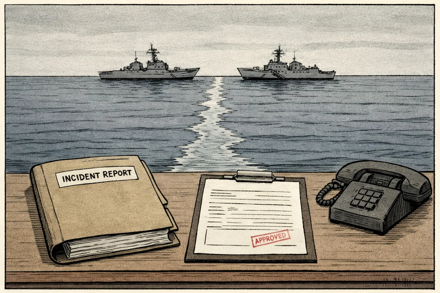 Two naval vessels sit apart on a grey sea after a minor collision, while a closed diplomatic file and a mostly blank incident report rest on a desk in the foreground.