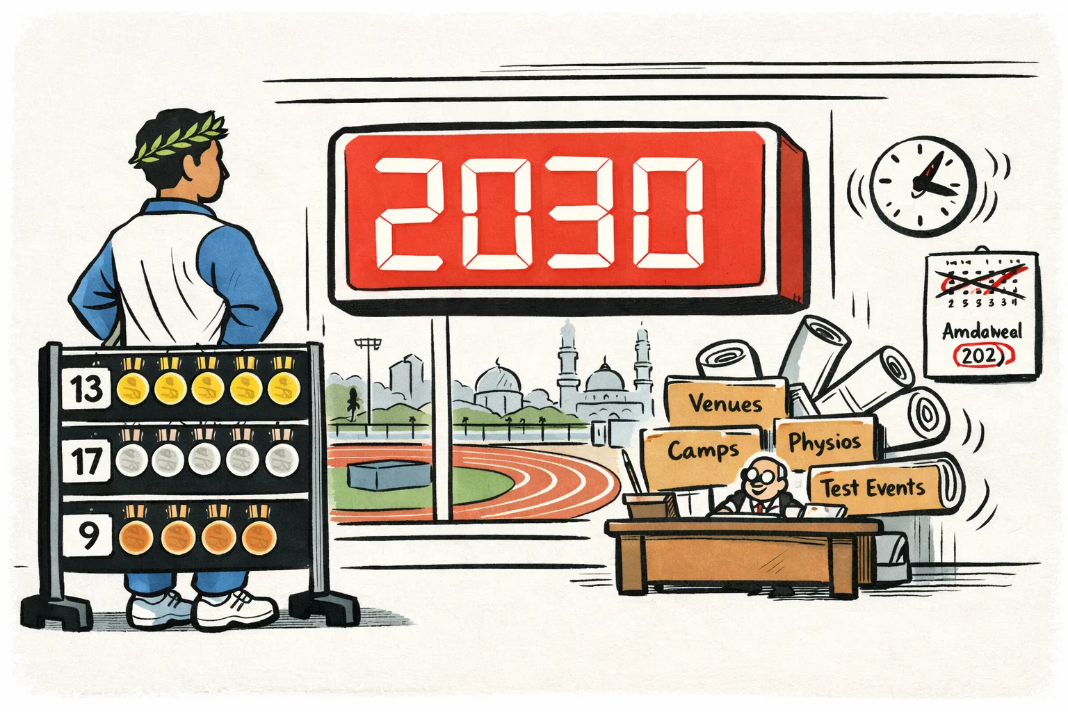 A medal-winning Indian athlete stands beside a large countdown clock marked 2030, while a government-style desk behind them is piled with facility plans, camp schedules and unopened files.