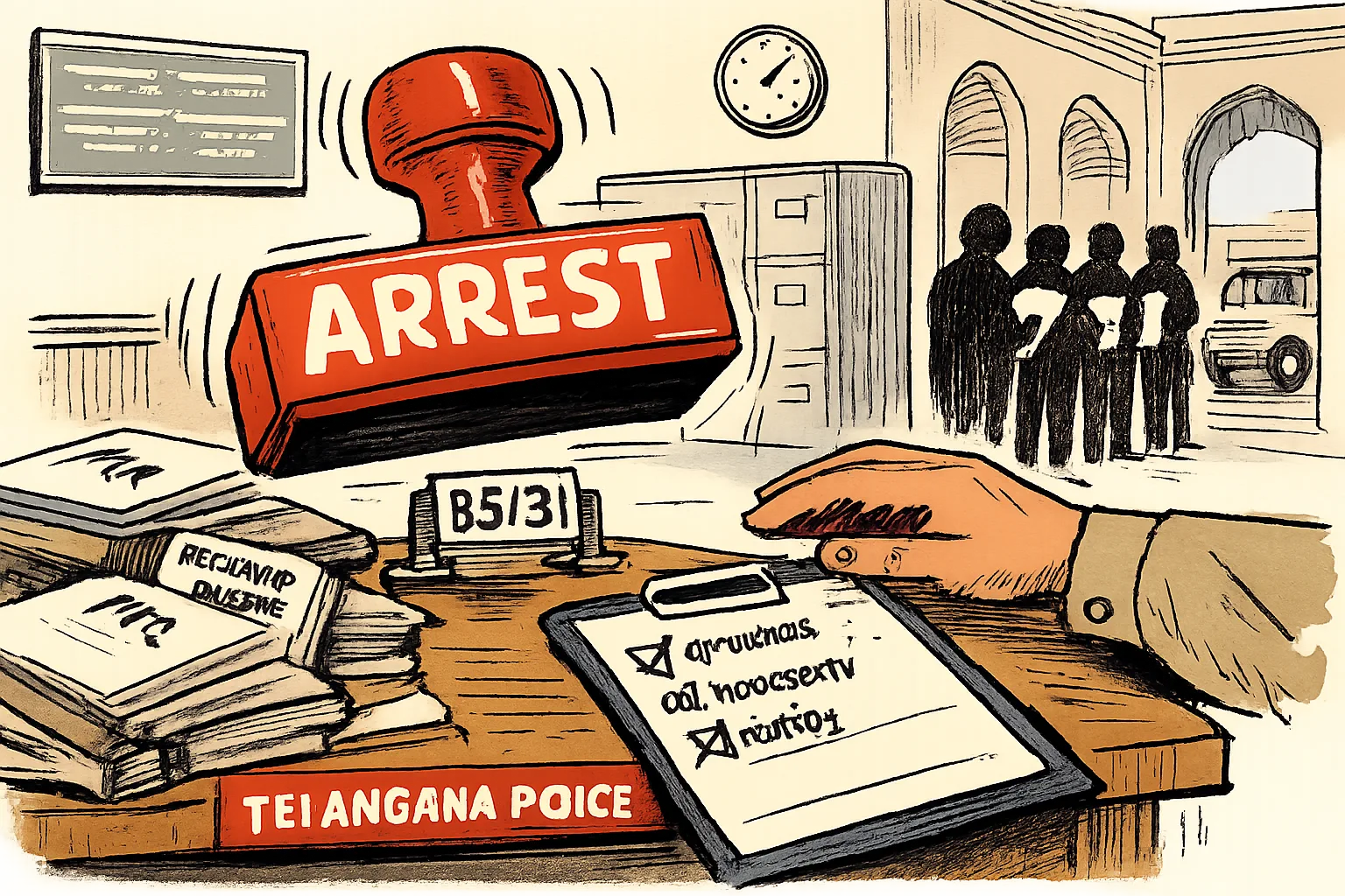 A giant red stamp marked “ARREST” is halted by a small legal notice marked “35(3)” on a desk covered with police files, while a courthouse corridor and anonymous people with papers appear behind it.