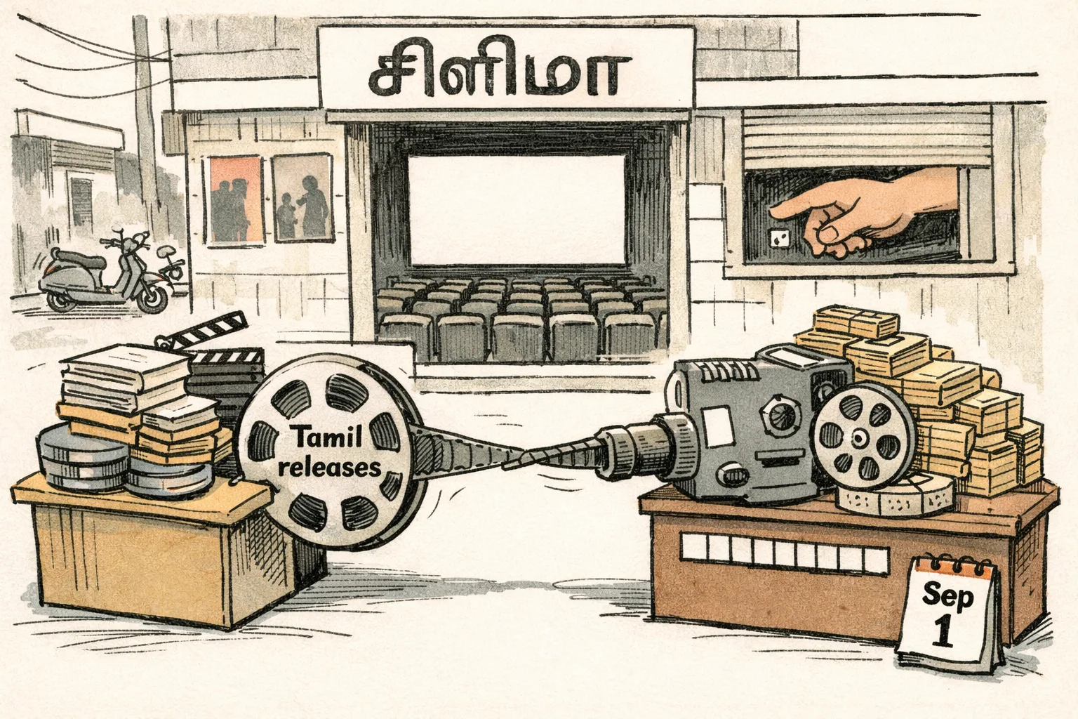 An old cinema projector is jammed by a film reel pulled between production equipment and theatre equipment, while a half-open government booth waits behind it and an empty screen shows a frozen frame.