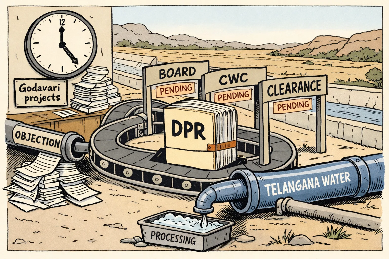 A Telangana irrigation project file sits on a desk beneath a large stopped clock, while pipes labelled with short project names end at a counter marked with folders for DPR, clearance and Apex Council.
