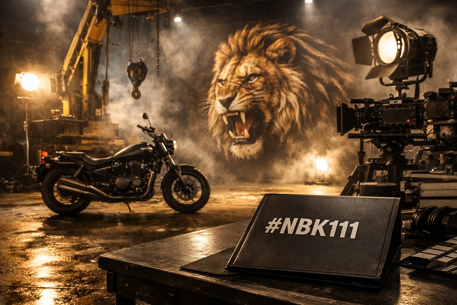 A motorcycle and film camera rigs stand beside crane machinery on a hazy sound-stage, with a lion graphic behind them and a folder labelled NBK111 in the foreground.