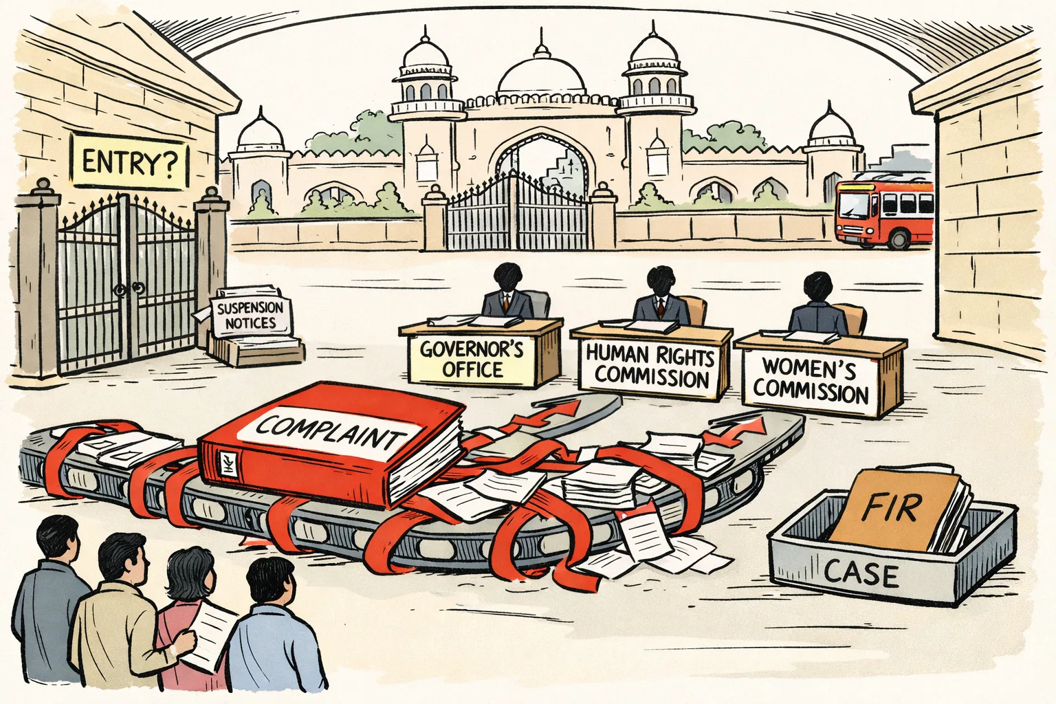 A giant complaint file moves slowly through tangled red tape between Raj Bhavan, rights commission counters and a police case tray in a Hyderabad government corridor.