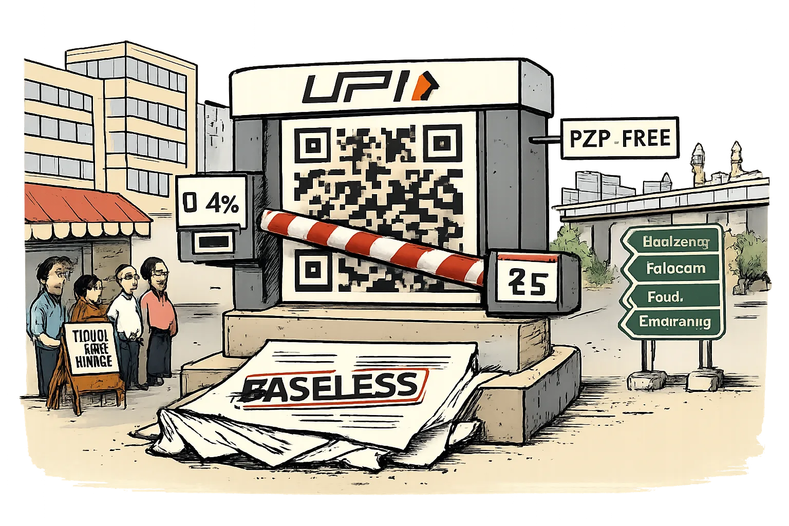 A UPI payment gate marked 0.4% stands on a concrete base made from a document stamped “BASELESS”, while small merchants and commuters wait beside it in a Hyderabad street.