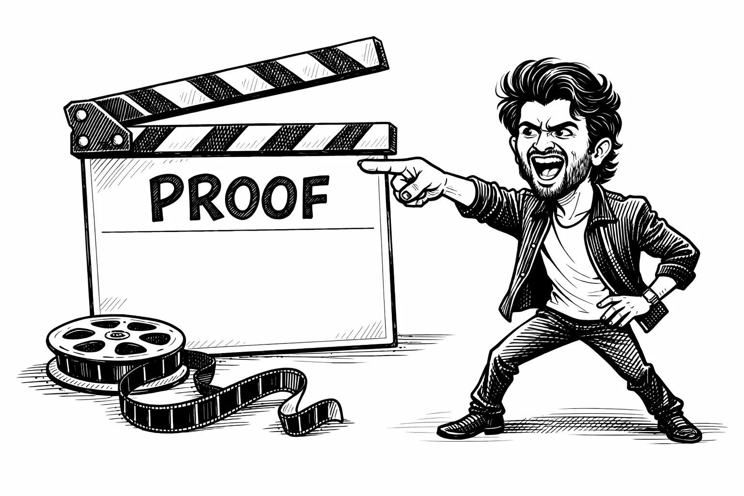 A caricatured Telugu film actor points dramatically at an oversized open clapperboard labelled “PROOF”; the board is blank, while an empty strip of film spills from a reel beside him on a Hyderabad launch stage.