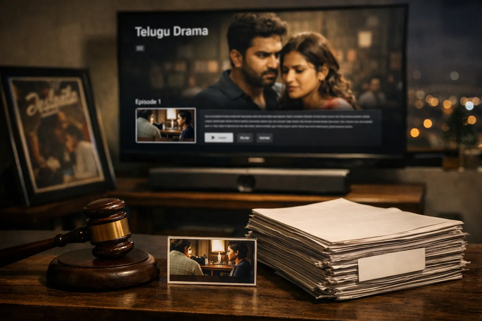 A cinema streaming screen shows a Telugu drama listing with a single tiny episode tile, while a courtroom gavel and a stack of unanswered production papers sit in front of it.