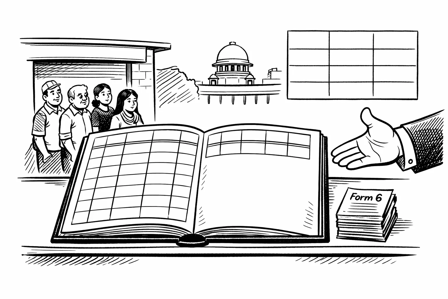 A giant blank election ledger sits beside a stack of Form 6 papers at an election-office counter, while an official hand gestures toward the forms and a small queue waits at a closed records window.