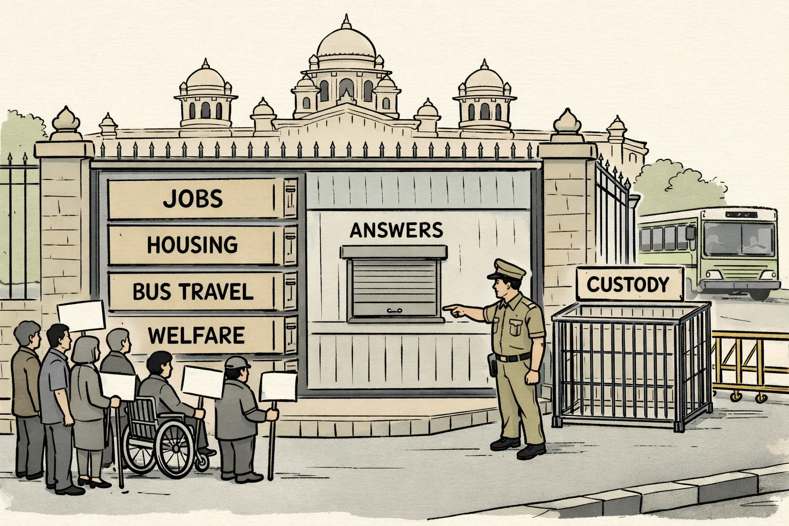 A cartoon outside the Telangana Assembly shows protesters with mobility aids waiting beside a closed government answer counter, while a faceless official directs them toward an enclosure labelled custody; large folders marked jobs, housing, bus travel and welfare sit behind glass.