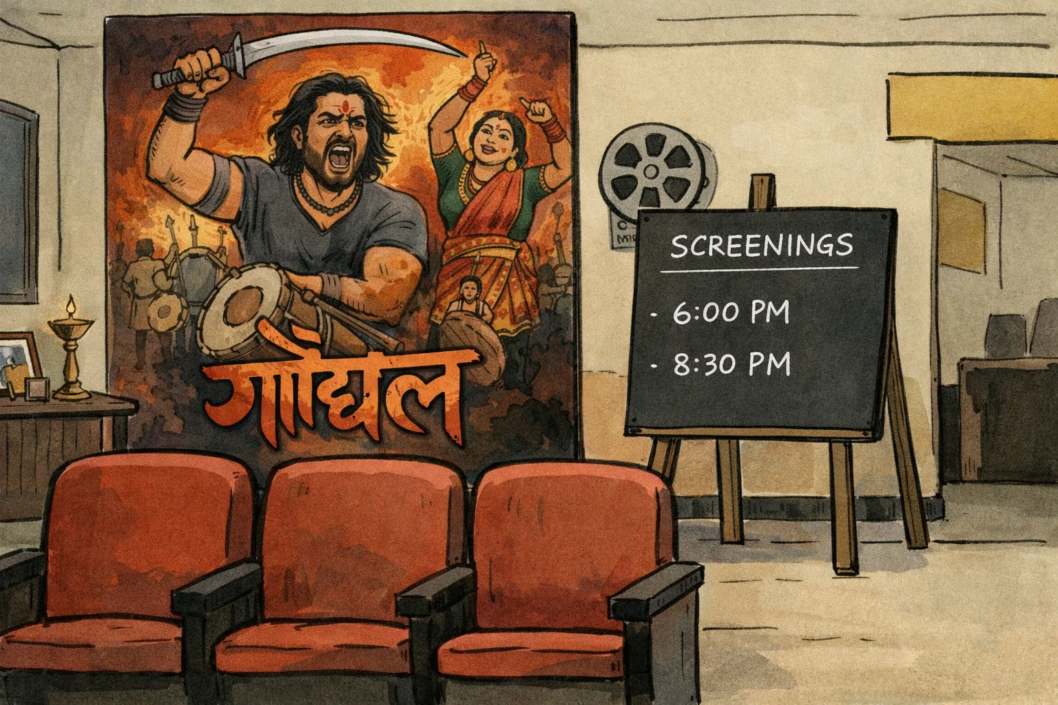 A poster for the Marathi film Gondhal displayed in an Indian cinema or film-festival foyer beside empty theatre seats.