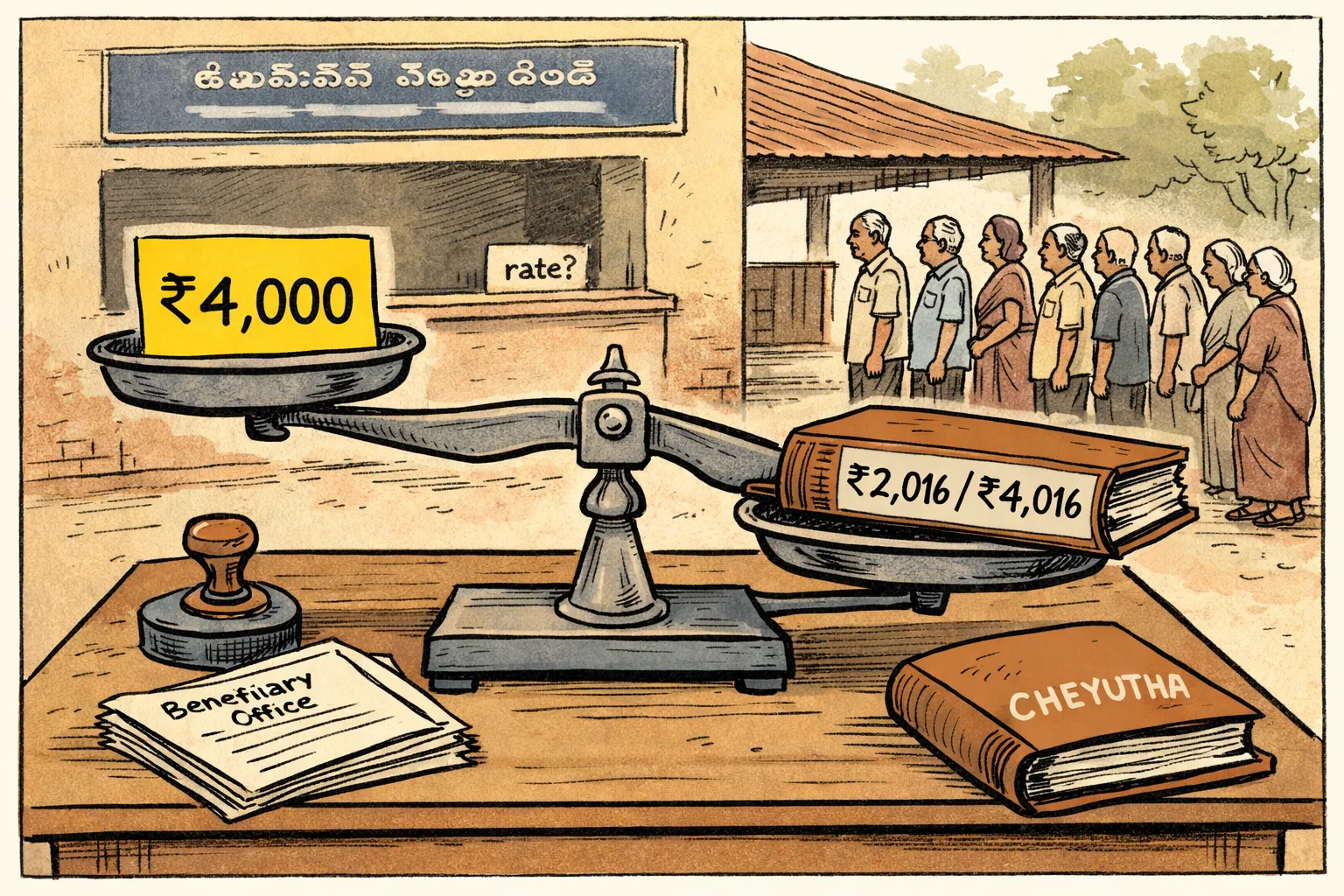 A Telangana government pension file sits on a weighing scale: one side marked ₹4,000 with a large campaign promise card, the other marked ₹2,016 and ₹4,016 with official rate sheets; a queue of pensioners waits beside a government office counter in the background.