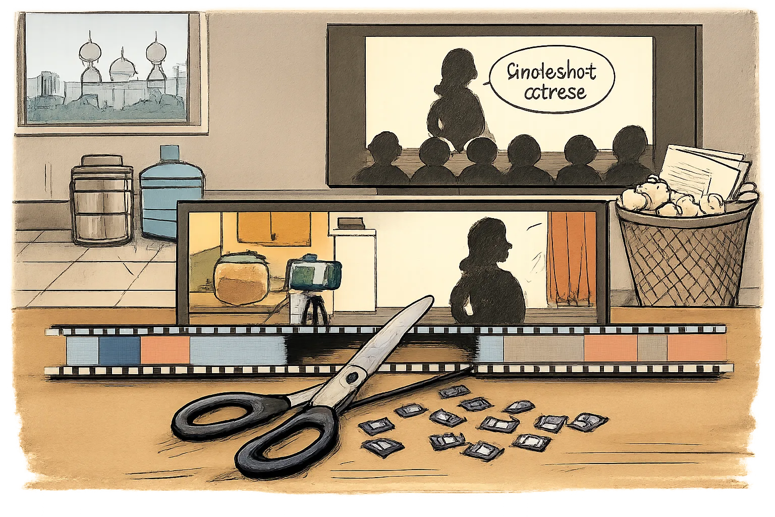 In a Hyderabad editing room, a strip of film showing a family’s hardship has been cut from between a setup and a punchline on an editing timeline, leaving a cinema audience watching the disconnected scene.