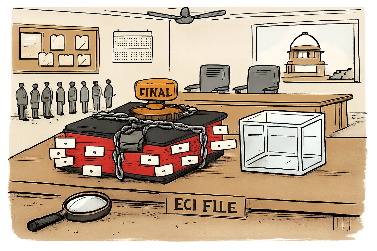 A sealed election file with fourteen numbered objection slips sits under a final stamp on a government desk, while anonymous voters wait at a Telangana office counter and an empty glass box suggests missing paperwork.