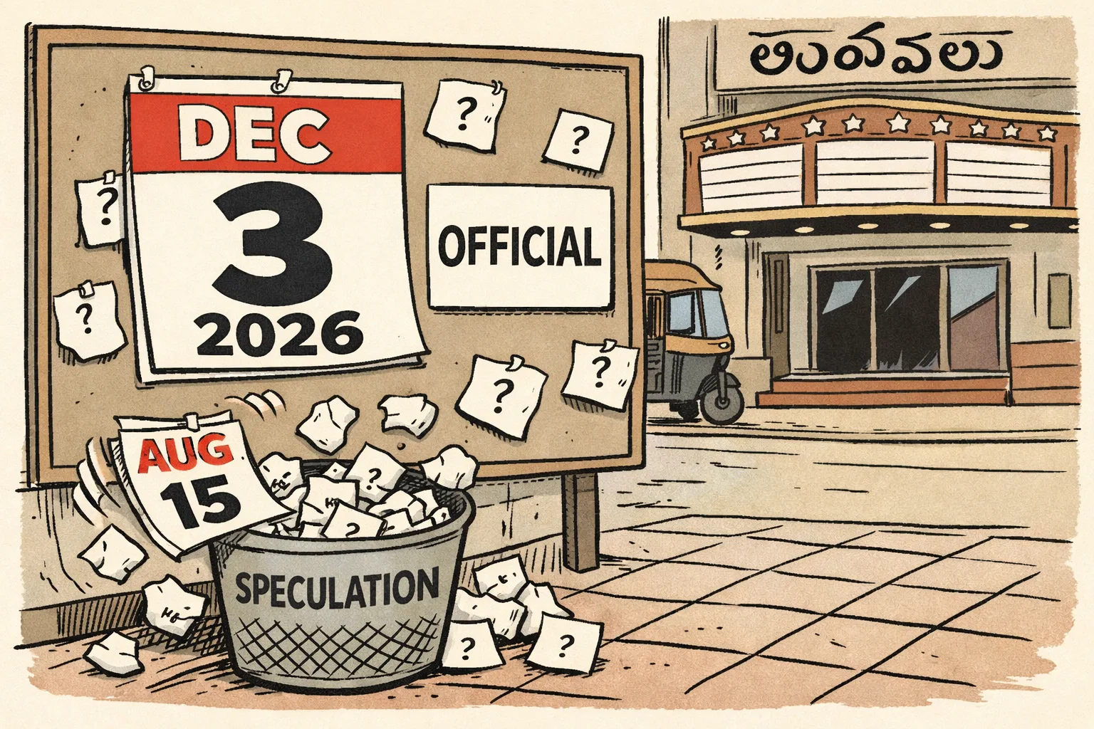 A cinema release calendar shows several loose rumour slips marked with question marks being swept aside as a bold December 3 date poster is pinned to a Hyderabad theatre noticeboard.