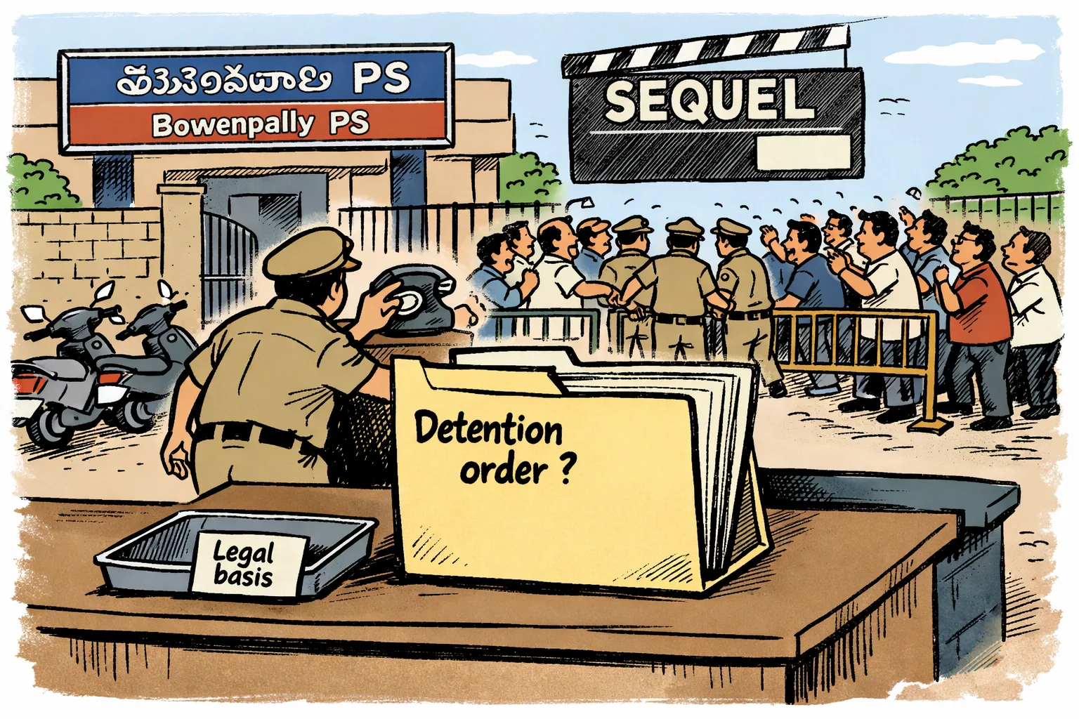 Outside Bowenpally police station, two separated groups of political supporters gesture behind police barricades while a large file marked “Detention order?” sits empty on a desk.