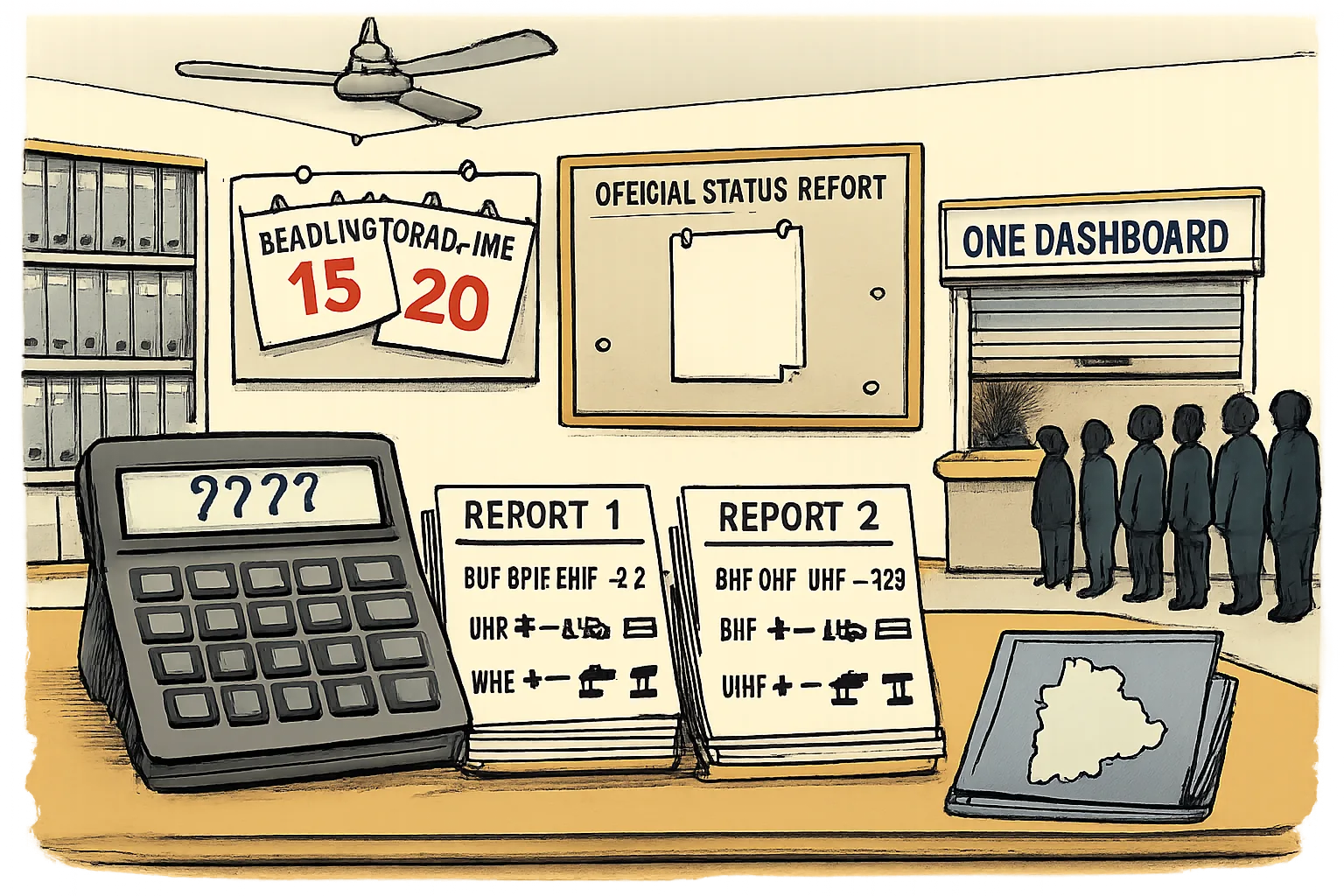 A Telangana government-office cartoon shows two conflicting stacks of electoral-roll forms beside a blank calculator, a wall calendar with two deadline pages, and an empty official-status noticeboard while voters wait at a dashboard counter.