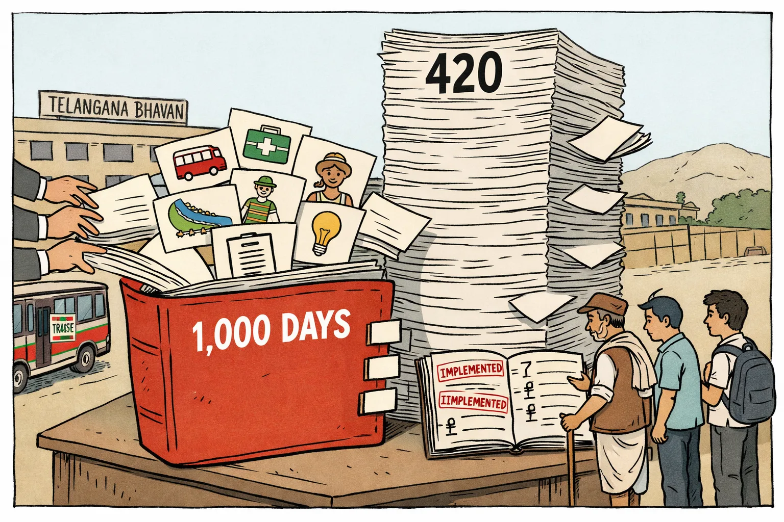 A giant 1,000-day file outside Telangana Bhavan spills out promise cards while a smaller government ledger shows two implemented pages, budget marks and blank beneficiary boxes; a TSRTC bus passes in the background.