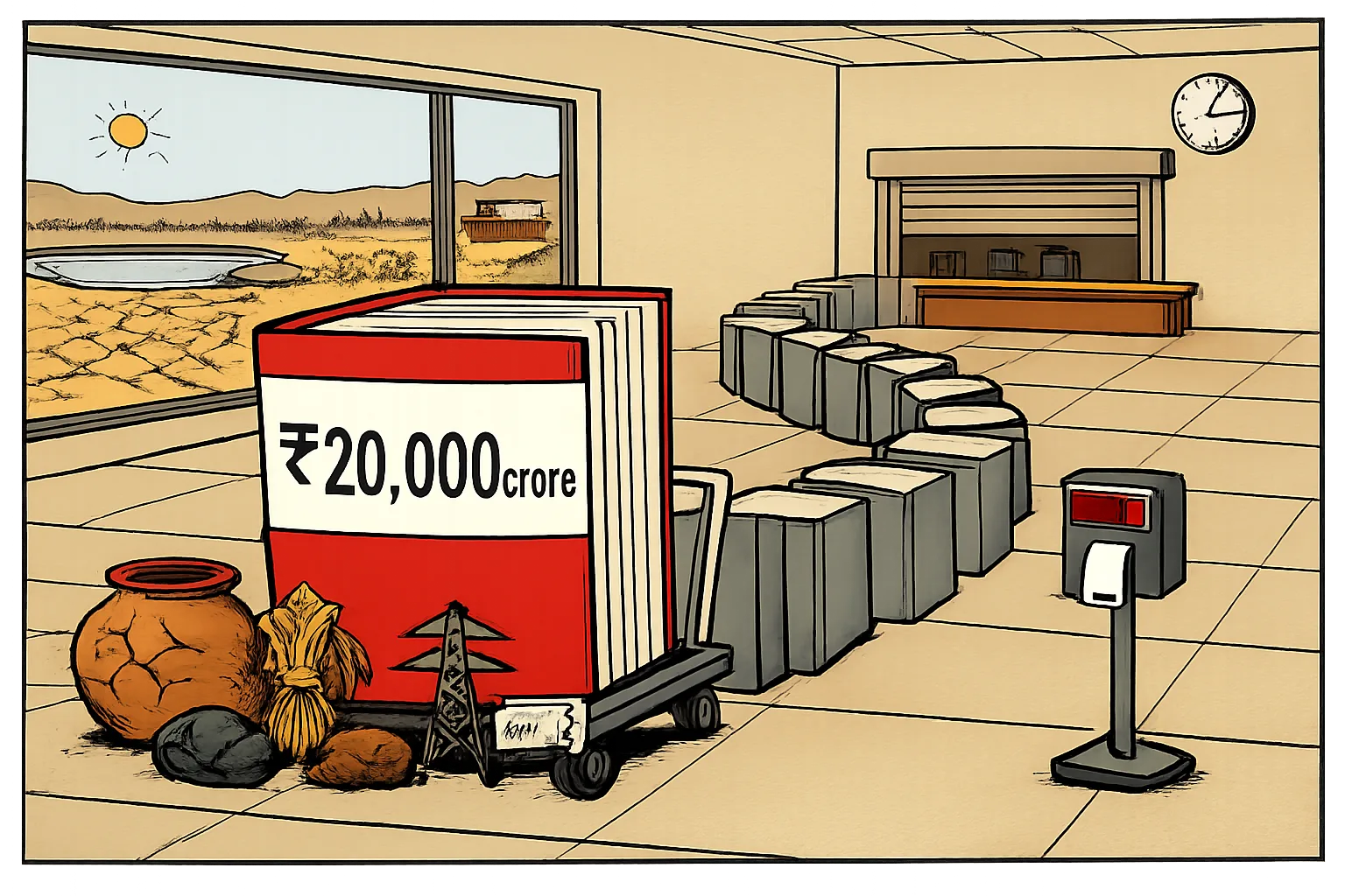 A huge file marked ₹20,000 crore waits on a trolley beside drought-related objects outside a half-closed government reception counter, with a long queue of files behind it and a dry Telangana landscape visible through a window.